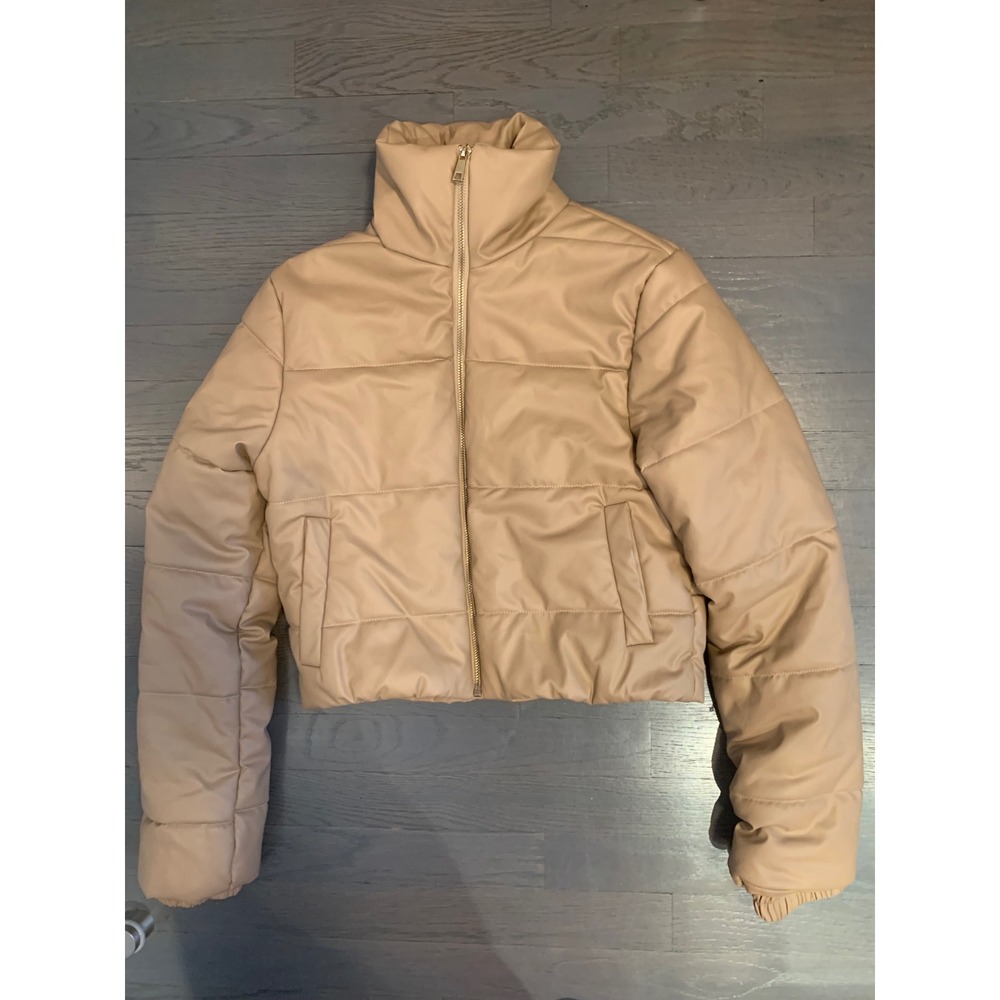 Kaylee Kollection Tan Vegan Leather Puffer Jacket Cropped FunnelNeck Beige Small
